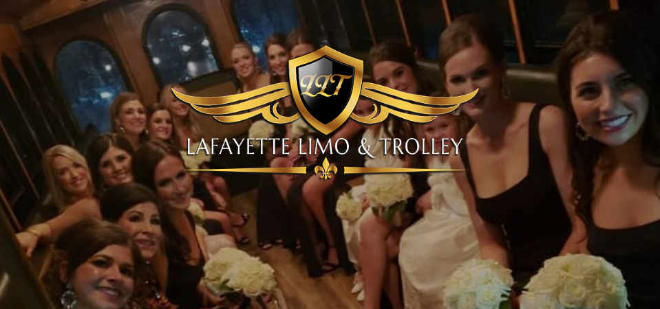 Lively crowd, marriage party in a Lafayette Limo Trolley with Lafayette Limo logo